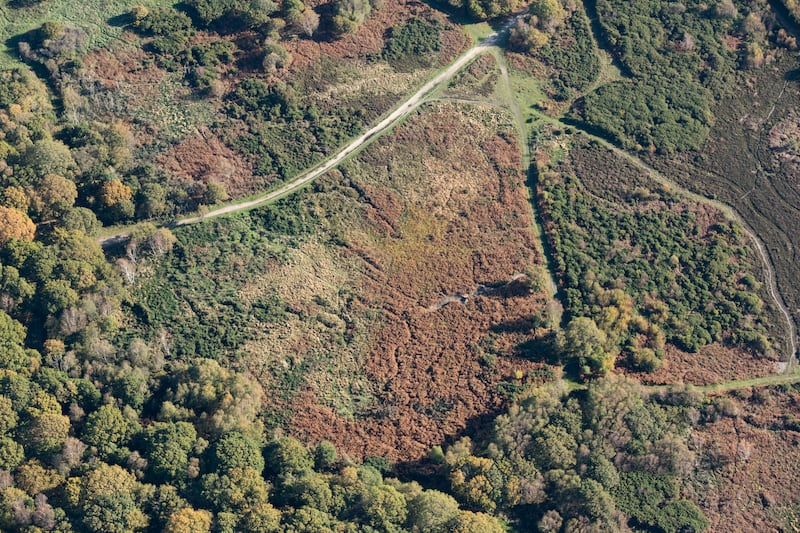 Aerial view of the Browndown First World War Practice Trenches, Gosport, Hampshire. Listed as Scheduled Monument in 2024.