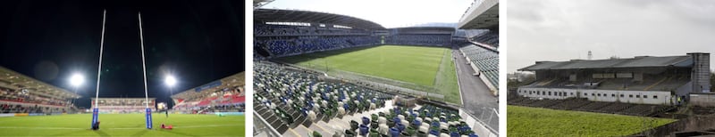 Ulster Rugby's Ravenhill (left) and Windsor Park (centre) were both upgraded while the Casement Park rebuild has been hit by one problem after another