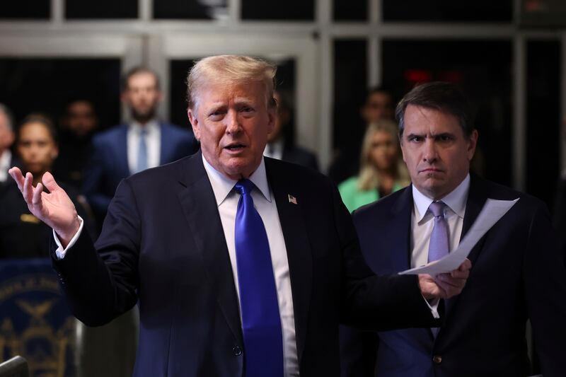 Donald Trump speaks to the media as he arrives at Manhattan Criminal Court during jury deliberations in his criminal hush money trial (Michael M Santiago/Pool Photo via AP)