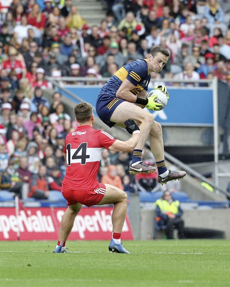 Derry Shane McGuigan blocked by Kerry keeper Shane Ryan during the All Ireland Senior Football Championship semi-final at Croke Park on Sunday 16th July 2023. Picture Margaret McLaughlin. 