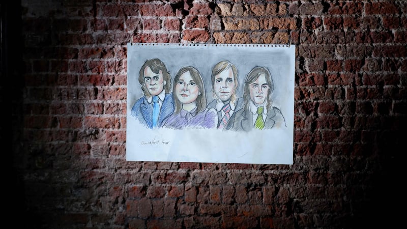 An illustration of the Guilford Four in the new TG4 documentary Ceathrar Guildford: 50 bliain na mbréag.