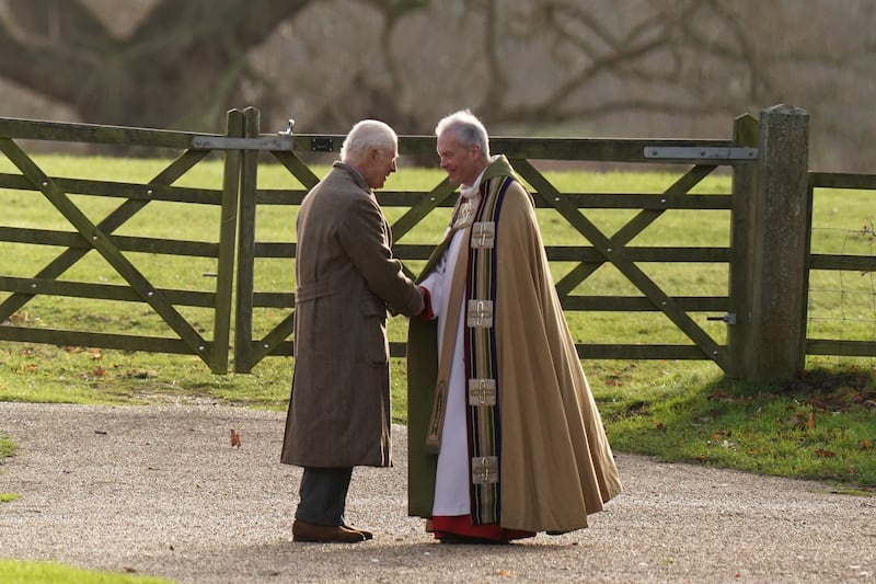 King Charles arrives for a Sunday church service at St Mary Magdalene Church in Sandringham, Norfolk. Picture date: Sunday December 22, 2024.