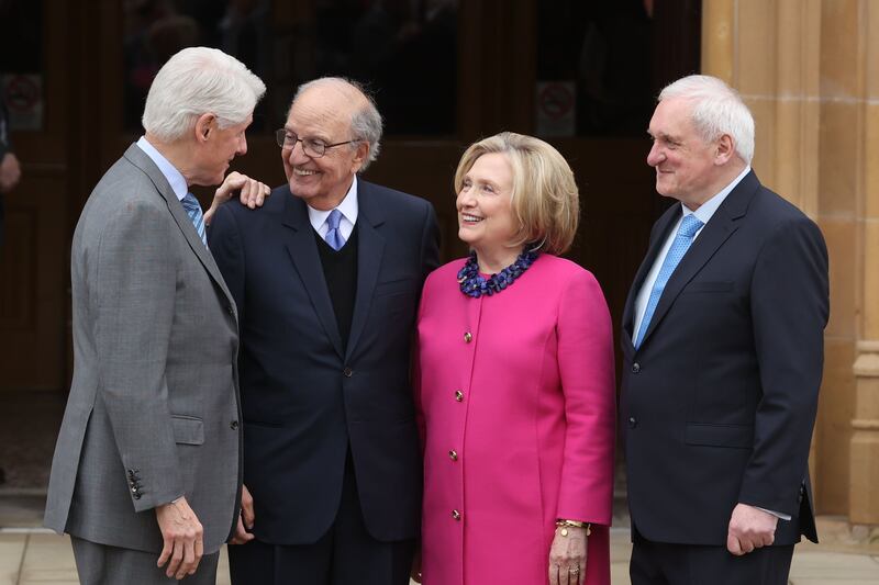 (left to right) Former US president Bill Clinton, Senator George Mitchell, Hillary Clinton and former taoiseach Bertie Ahern, attending the three-day international conference at Queen's University Belfast to mark the 25th anniversary of the Good Friday Agreement. Picture by Liam McBurney/PA Wire
