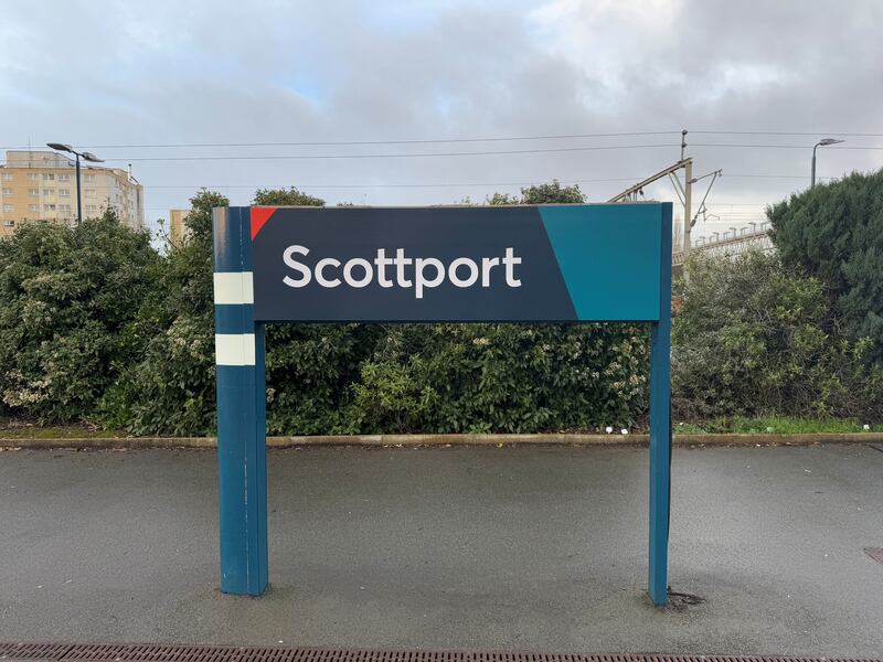 The signage at Stockport station, which was renamed as Scottport to celebrate Scott Mills taking over the BBC Radio 2 Breakfast Show