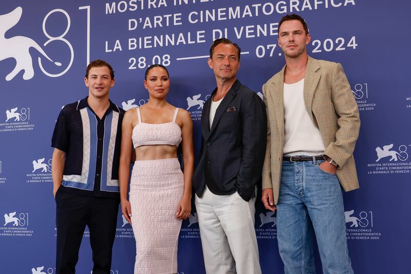 Tye Sheridan, from left, Jurnee Smollett, Jude Law and Nicholas Hoult star in The Order (Joel C Ryan/Invision/AP)