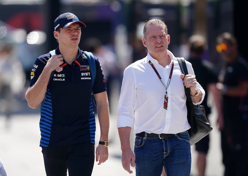 Jos Verstappen (right) pictured with his son, Max, has reignited his feud with Christian Horner