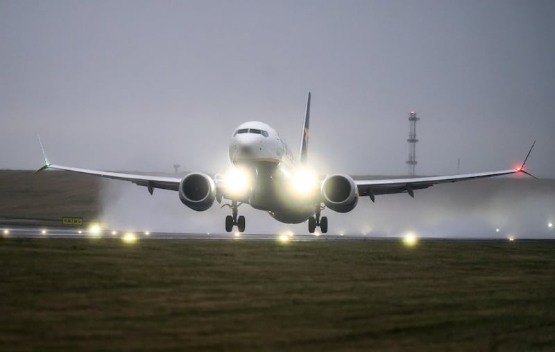 A plane takes off at Leeds Bradford Airport during Storm Darragh