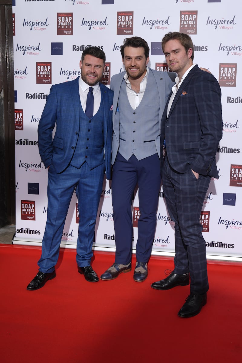 (L to R) Emmerdale actors Danny Miller (Aaron Dingle), Lawrence Robb (Mackenzie Boyd) and James Chase (Tom King)