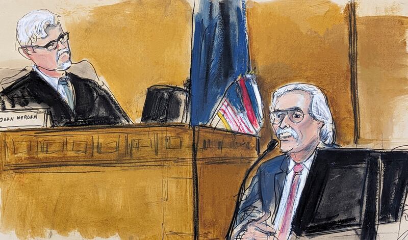 Judge Juan Merchan, left, listens as David Pecker gives evidence (Elizabeth Williams via AP)