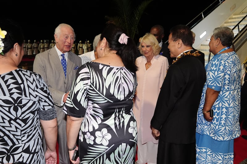 Charles and Camilla are welcomed to Samoa as they arrive at Faleolo International Airport