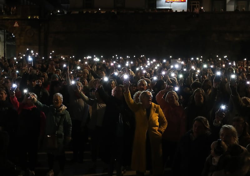 Hundreds of protestors gathered in Derry at a rally for women's safety on Friday evening. PICTURE: MARGARET MCLAUGHLIN