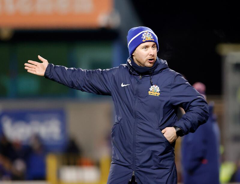 Pacemaker Press.

16-1-24.

Glenavon Fc v Portadown Fc, in the Bet McLean Cup semi final.

Glenavon's Manager Stephen McDonnell   during this afternoons  game at Mourneview Park in Lurgan.  

Photo by Alan Weir/Pacemaker Press