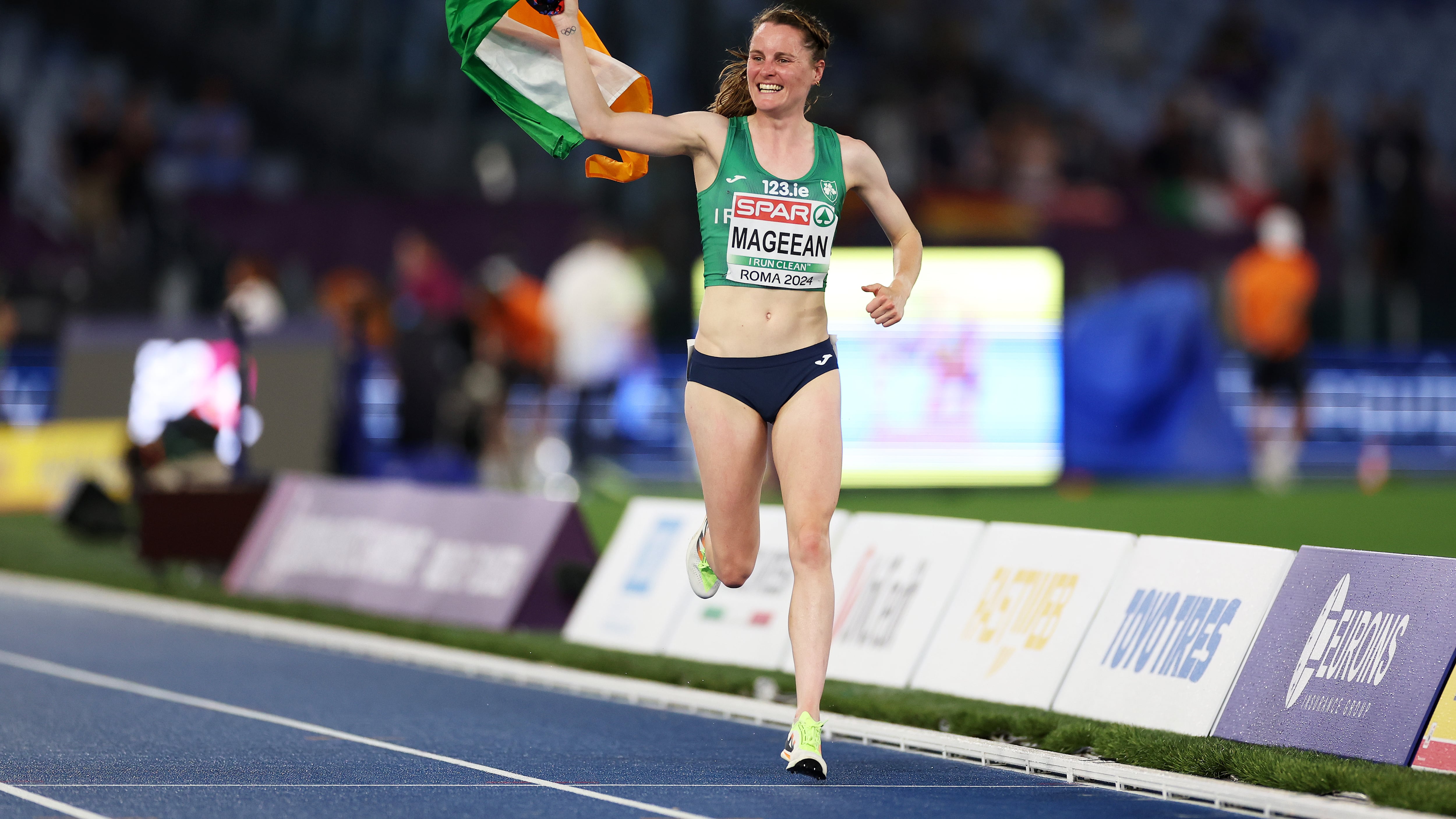 ROME, ITALY - JUNE 09: Gold medallist, Ciara Mageean of Team Ireland, celebrates after winning in the Women's 1500m Final on day three of the 26th European Athletics Championships - Rome 2024 at Stadio Olimpico on June 09, 2024 in Rome, Italy.  (Photo by Michael Steele/Getty Images)