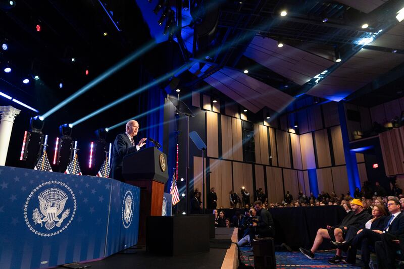 US President Joe Biden speaking at a campaign event at Montgomery County Community College in Pennsylvania on Friday (Stephanie Scarbrough/AP)