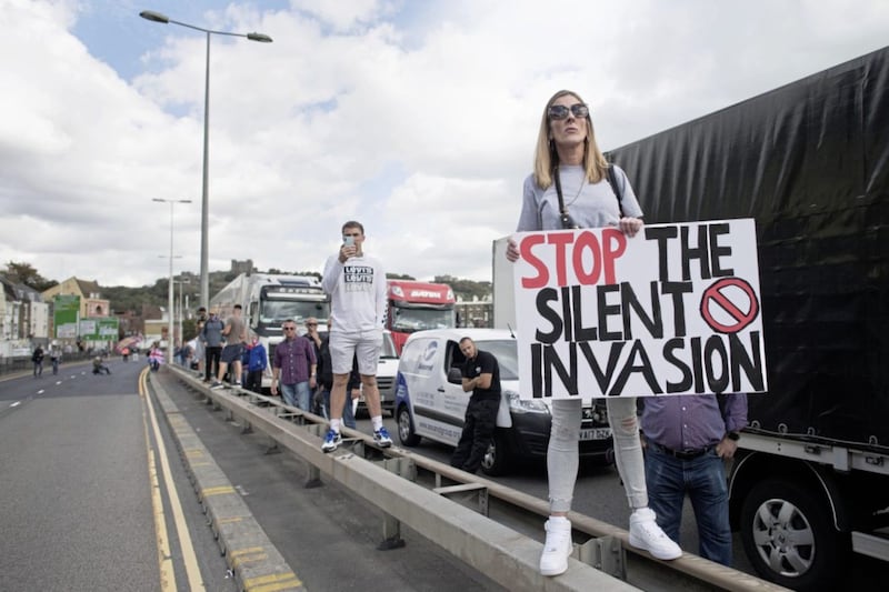 Refugees don&#39;t always receive a warm welcome. Anti-migrant protesters demonstrate in Dover earlier this year against immigration and the journeys made by refugees crossing the Channel to Kent. Picture by Stefan Rousseau/PA Wire 