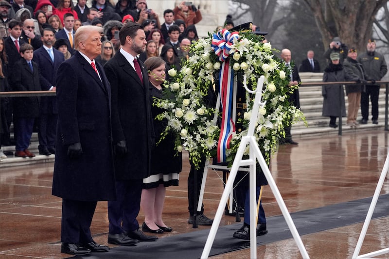 President-elect Donald Trump and vice president-elect JD Vance participate in a wreath-laying ceremony at Arlington National Cemetery in Arlington, Virginia (Evan Vucci/AP)