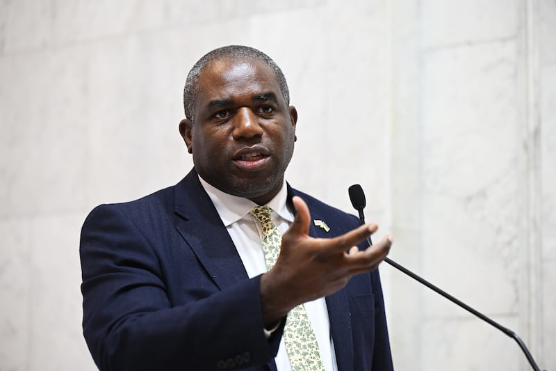 Foreign Secretary David Lammy at a press conference during a visit with US secretary of state Antony Blinken to Kyiv, Ukraine