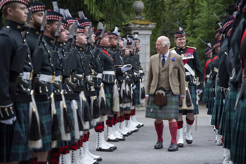 The King inspects the Balaklava Company, 5th Battalion, The Royal Regiment of Scotland, at the gates of Balmoral