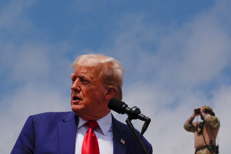 Republican presidential nominee former president Donald Trump speaks during a campaign rally at North Carolina Aviation Museum (Julia Nikhinson/AP)