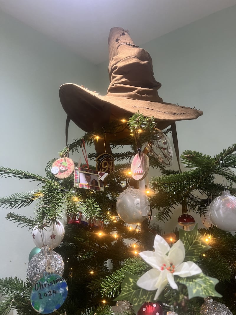 Brónagh Diamond's Christmas tree with children's decorations and a picture of her dad that her son printed and hung in a little frame