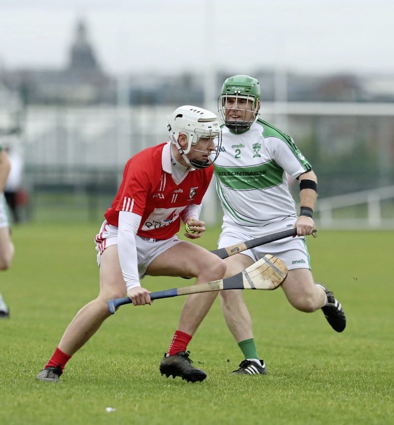 Con Magee&#39;s Brian O&#39;Neill and Craobh Rua&#39; Tiarnan O&#39;Hare in action during the 2021 Ulster GAA Hurling Junior Championship semi-final between at Davitt&#39;s GAC, Belfast Picture: Philip Walsh 