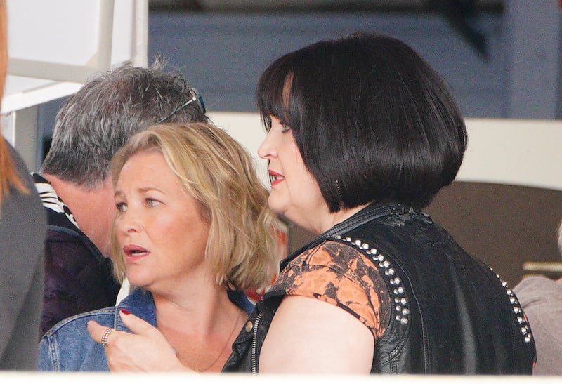 Joanna Page, who plays Stacey (left) and Ruth Jones, who plays Nessa (right) were filming the Christmas special in South Wales in September