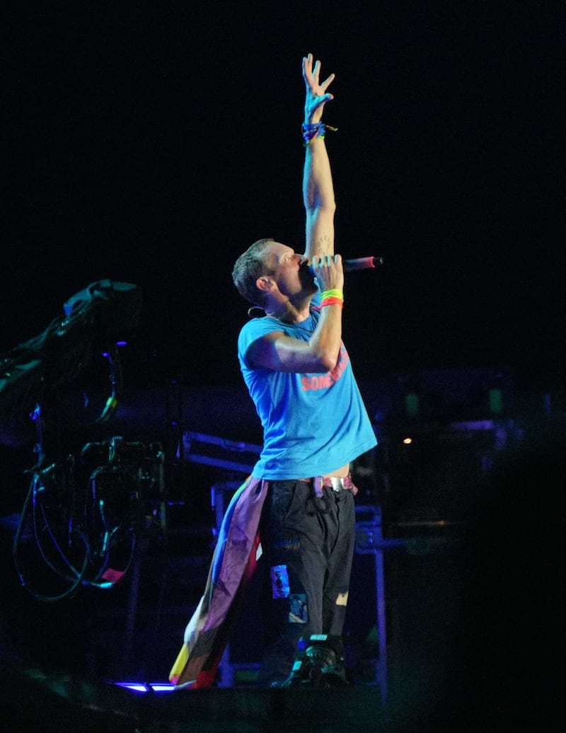 Chris Martin of Coldplay, who performed on the Pyramid Stage on Saturday night for the fifth time