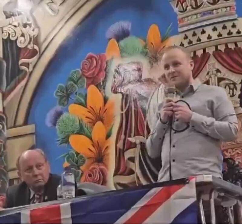Jamie Bryson and Jim Allister pictured during Friday's anti-protocol meeting in Ballyclare.