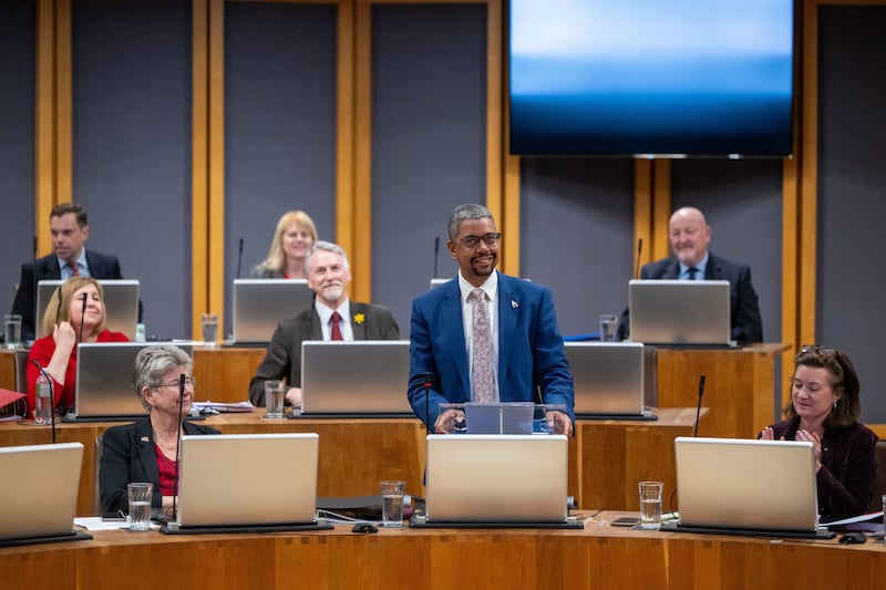 Vaughan Gething in the Senedd in Cardiff after he became the new First Minister of Wales, next to Eluned Morgan (right)