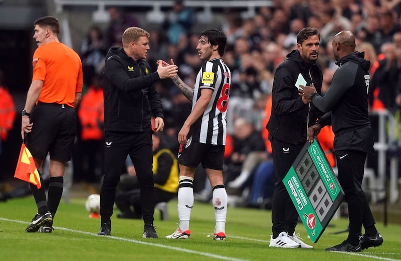 Newcastle head coach Eddie Howe (left) wants Sandro Tonali (right) to enjoy his football once again