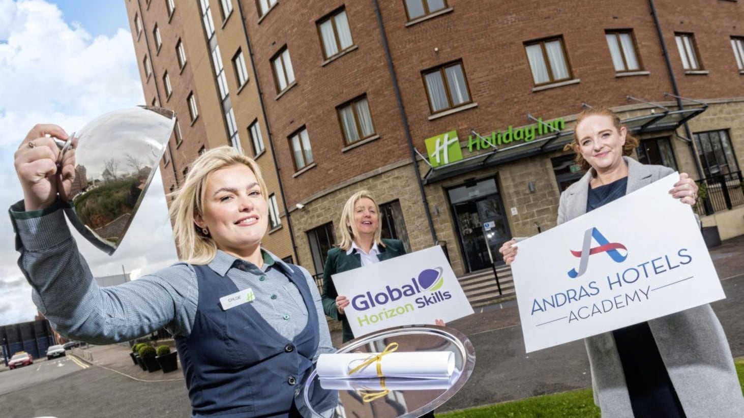 Chloe O&rsquo;Toole, receptionist at Holiday Inn Belfast, pictured with Catherine McGeady, business development manager at Global Horizon Skills and Jacqueline Canning, HR manager in Andras Hotels 