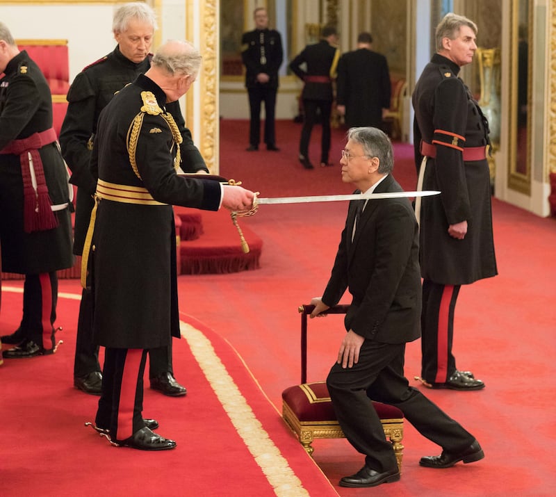 Sir Kazuo Ishiguro is knighted by Charles, the then Prince of Wales, at Buckingham Palace