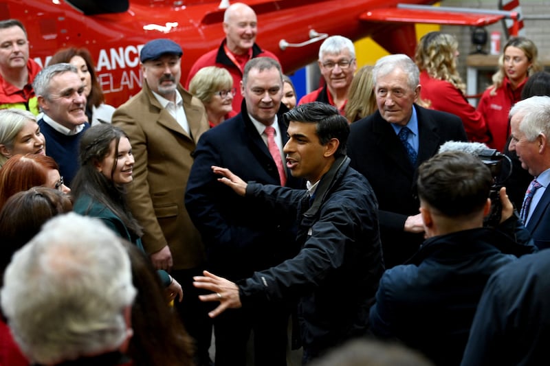 Prime Minister Rishi Sunak speaking on Sunday evening during a visit to Air Ambulance Northern Ireland at their headquarters in Lisburn. PICTURE: CARRIE DAVENPORT/PA