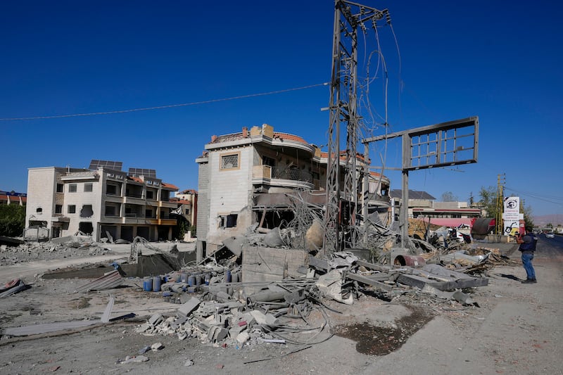 Damaged buildings at the site of an Israeli airstrike in the village of Temnin, Bekaa Valley, eastern Lebanon (Hassan Ammar/AP)