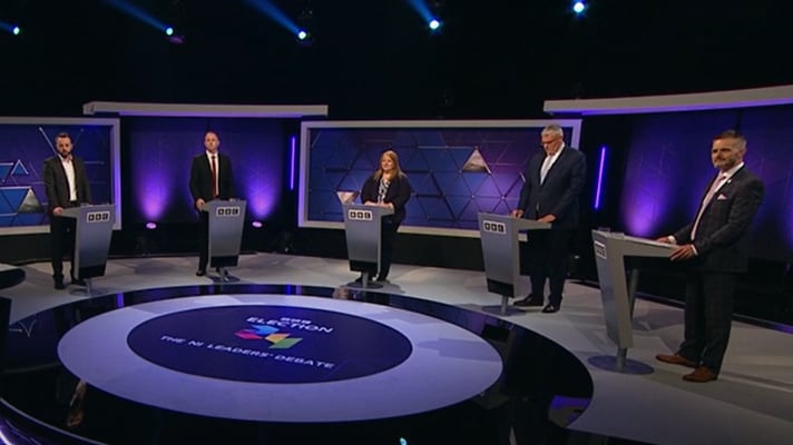 Colum Eastwood, Chris Hazzard, Naomi Long, Gavin Robinson and Robbie Butler taking part in Thursday evening's BBC NI Leaders' Debate.