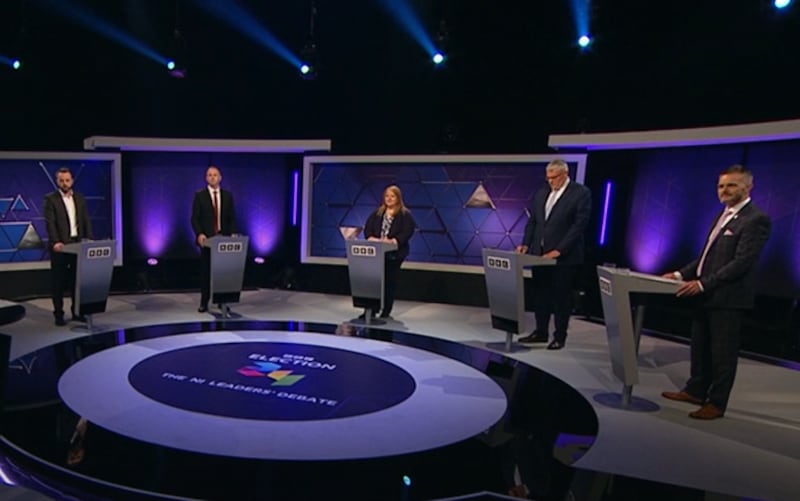 Colum Eastwood, Chris Hazzard, Naomi Long, Gavin Robinson and Robbie Butler taking part in Thursday evening's BBC NI Leaders' Debate.