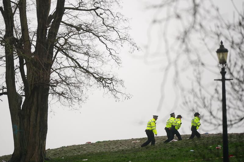 Police officers on Primrose Hill in north London, where 16-year-old Harry Pitman died after being stabbed just before midnight on New Year’s Eve