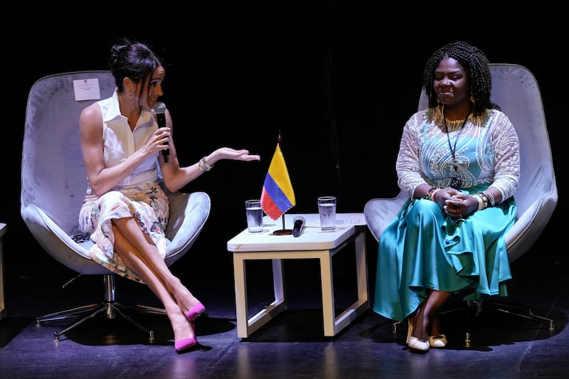 Meghan speaks during a forum on Afro women and power alongside Colombian vice president Francia Marquez. (Ivan Valencia/AP)