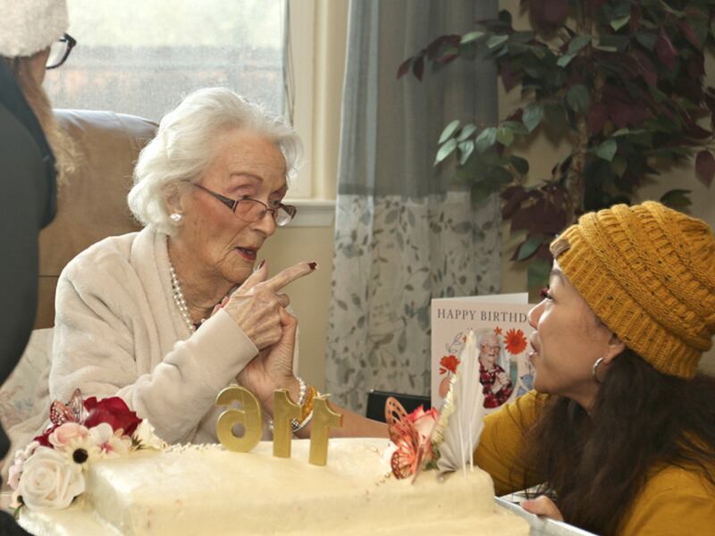 A still sprightly Edie Ceccarelli celebrates her 116th birthday in Willits, California.