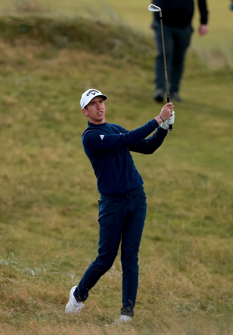 Tom McKibbin after his shot from the rough on the 3rd during day one of the Amgen Irish Open 2024. PICTURE: LIAM MCBURNEY/PA