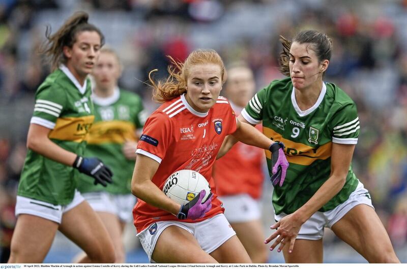 Blaithin Mackin of Armagh in action against Emma Costello of Kerry during this year&#39;s National League Division Two final. Photo by Brendan Moran/Sportsfile 