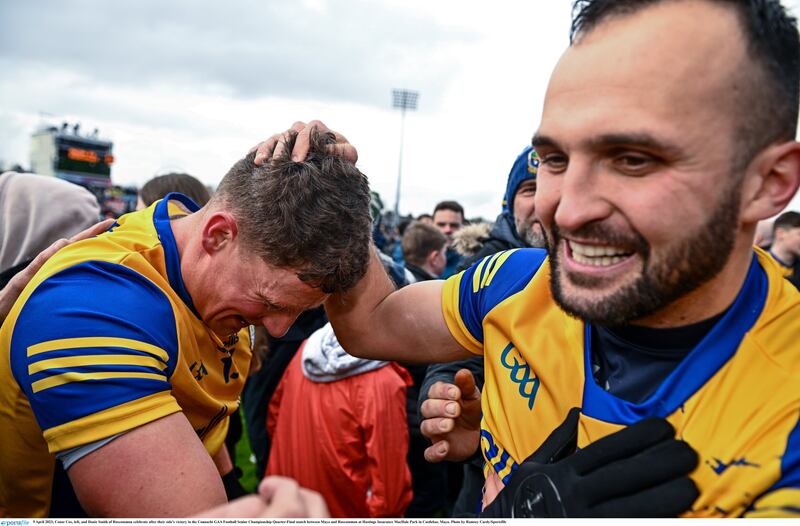 Conor Cox (left) and Donie Smith of Roscommon celebrate beating Mayo in Castlebar Picture by Ramsey Cardy/Sportsfile