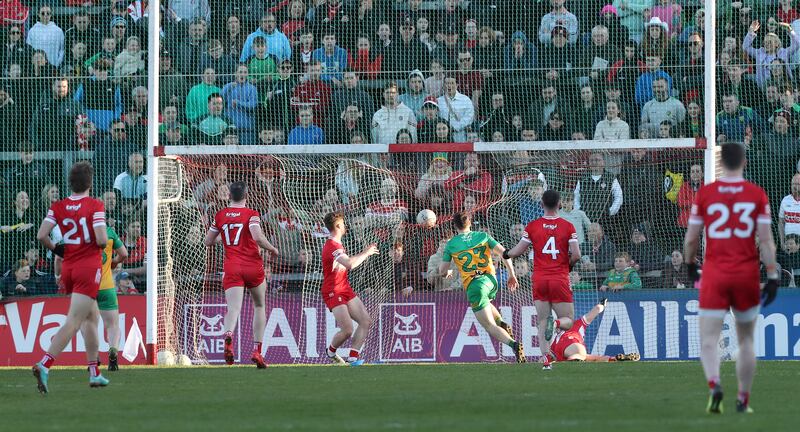 Jamie Brennan hammers home the coup des grace as Donegal seal their unexpected victory. Picture: Margaret McLaughlin