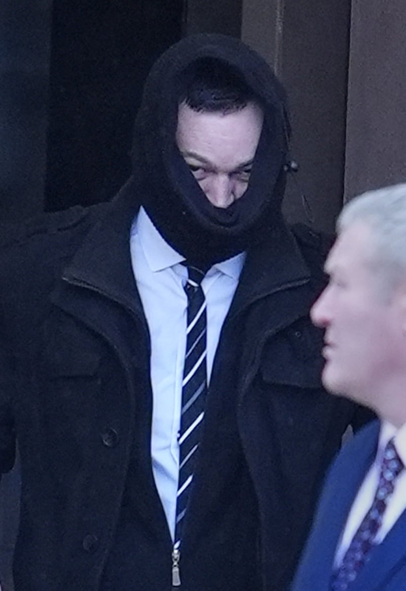 Kyle Shaw (left) leaving Liverpool Crown Court, where he is charged with stalking Strictly judge Shirley Ballas