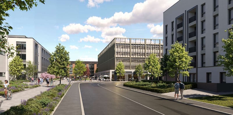 A CGI depicting the design of the new multi-storey car park and public plaza in the centre of the £100m King's Hall health and life science hub in south Belfast.