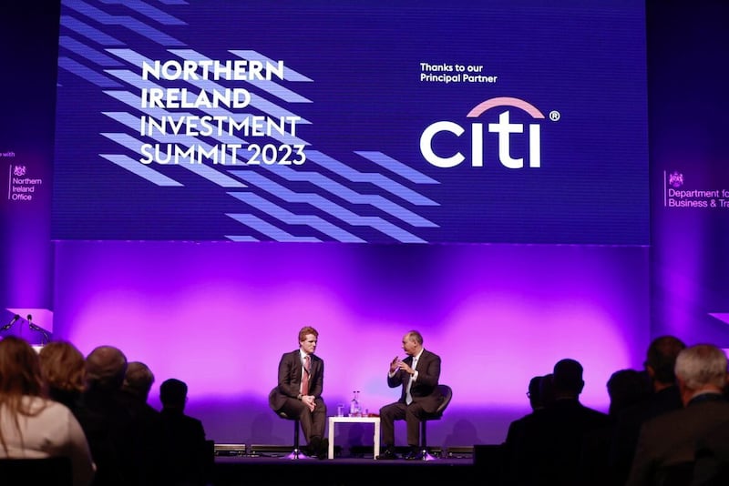 US Special Envoy to Northern Ireland for Economic Affairs Joe Kennedy III and Lord Dominic Johnson during the Northern Ireland Investment Summit 2023 at the ICC Belfast 