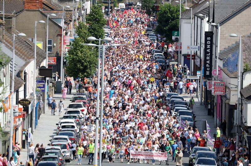 Thousands marched in Newry last month in support of Daisy Hill Hospital, where some services have been cut. Picture by Jonathan Porter/Press Eye