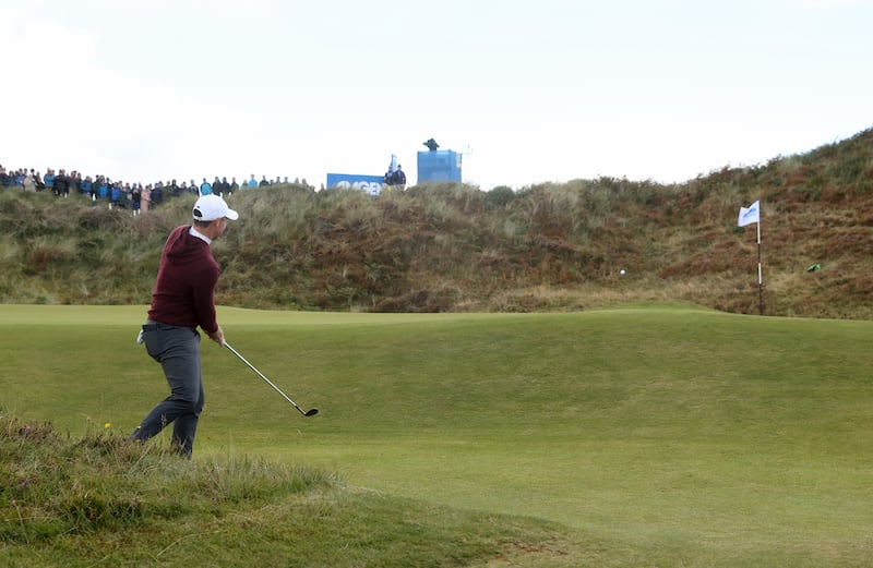 Rory McIlroy after his chip onto the 4th green during day one of the Amgen Irish Open. PICTURE: LIAM MCBURNEY/PA