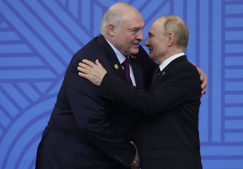 Belarusian President Alexander Lukashenko embraces Russian President Vladimir Putin at the Brics Summit in Kazan, Russia, in October (Maxim Shipenkov/Pool Photo via AP)