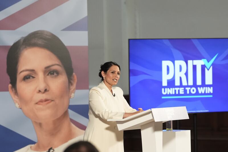 Dame Priti Patel speaking at a Conservative Party leadership campaign event in London